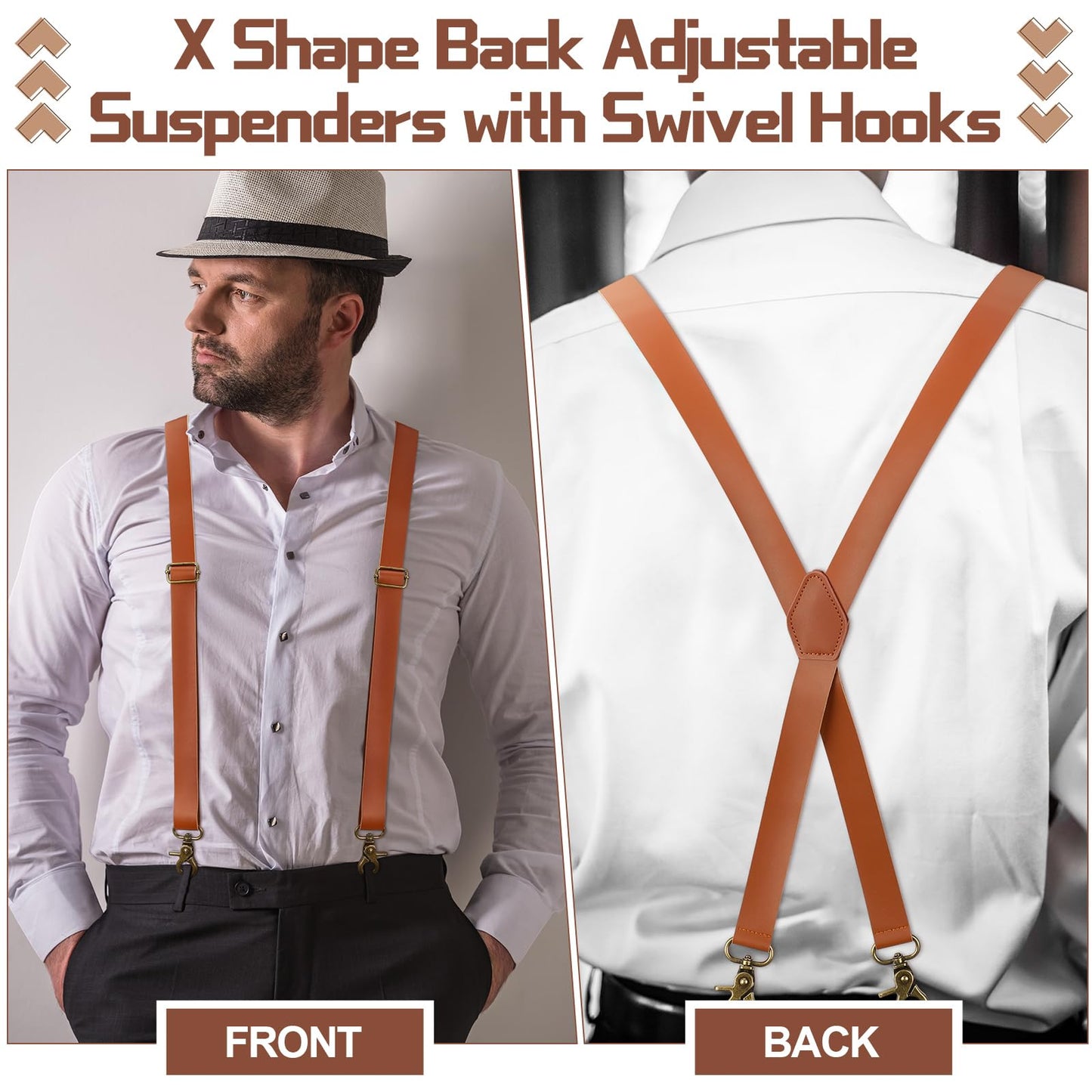 Silicherry 2 Pcs X-Suspenders for men Brown Leather Suspenders Adjustable Back Strap with Swivel Hooks for Jeans Wedding Groomsmen
