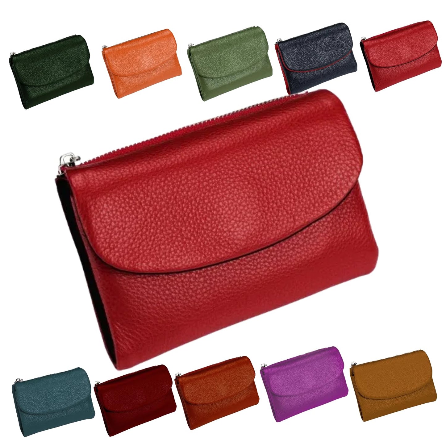 Pebble Leather Wallet,Unisex Short Genuine Leather Purse for Coins and Cards,Solid Multicolor Clutch Bags,Card Holder & Coin Id Cards (Red Black)