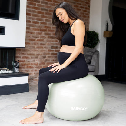 BABYGO Birthing Ball - Pregnancy Yoga Labor & Exercise Ball & Book Set Trimester Targeting, Maternity Physio, Birth & Recovery Plan Included Anti Burst Eco Friendly (Sage, 75cm - Electric)