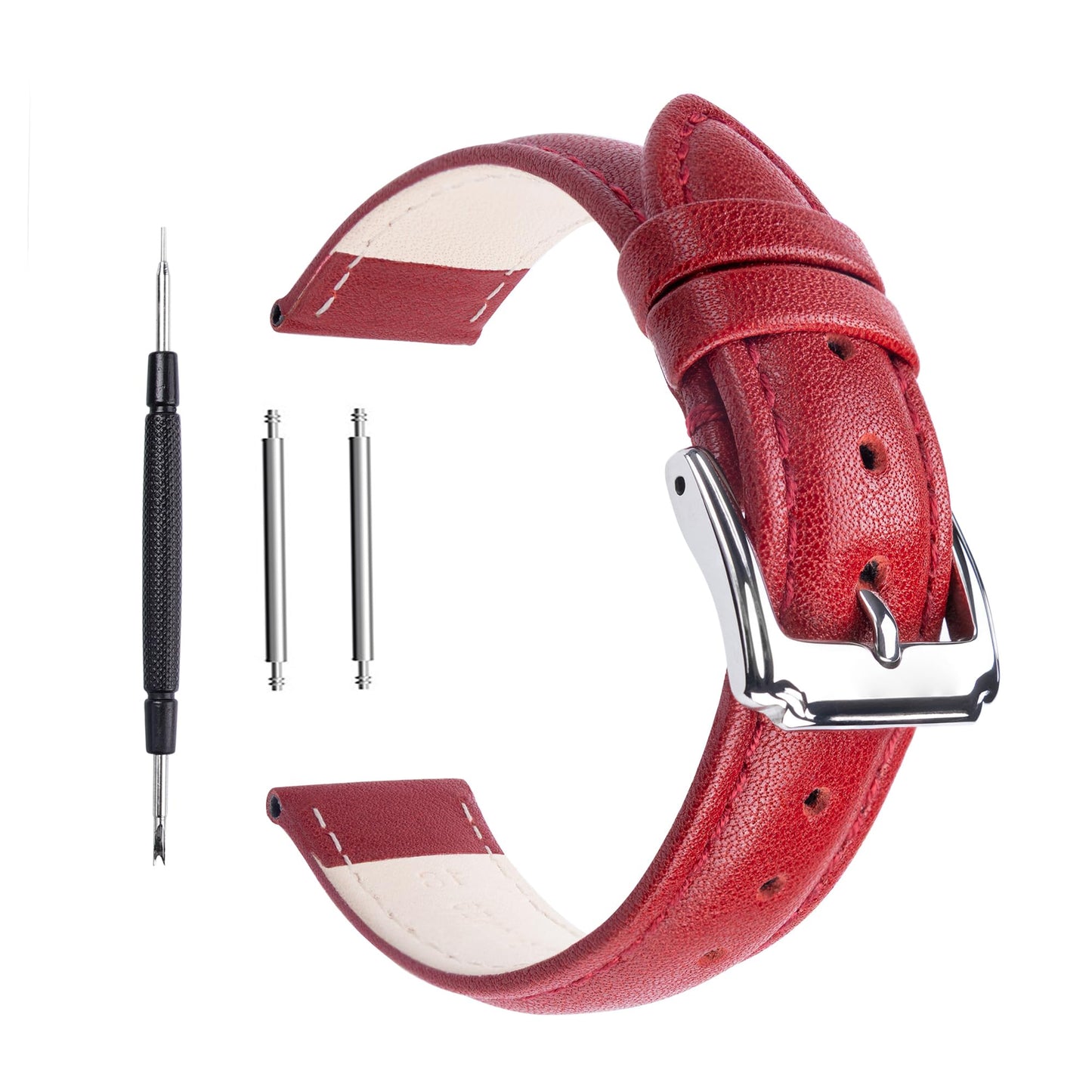 Berfine 14mm 16mm 18mm 20mm 22mm Calf Leather Watch Band, Extra Soft Watch Strap for Men Women (16mm, Red)
