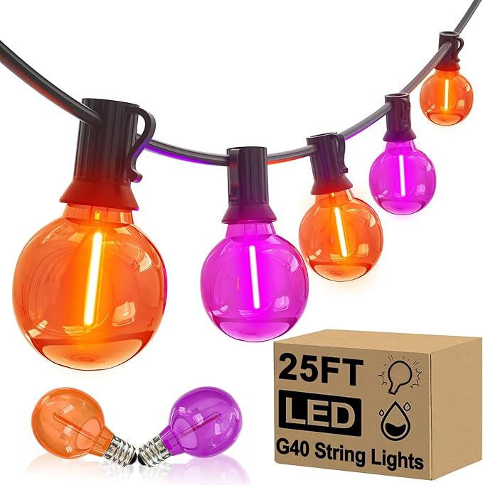 25FT G40 LED Outdoor Halloween String Lights, Orange and Purple Halloween Decoration Lights with 25 Globe LED Bulbs, UL Listed Hanging String Lights for Holiday Porch Garden Patio