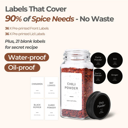 ComSaf 6Pcs 4oz Glass Spice Jars with Shaker Lids, 21 Labels, Spice Jars Trial Set & Supplement Set, Empty Spice Containers and Square Spice Bottles for Kitchen and Seasoning