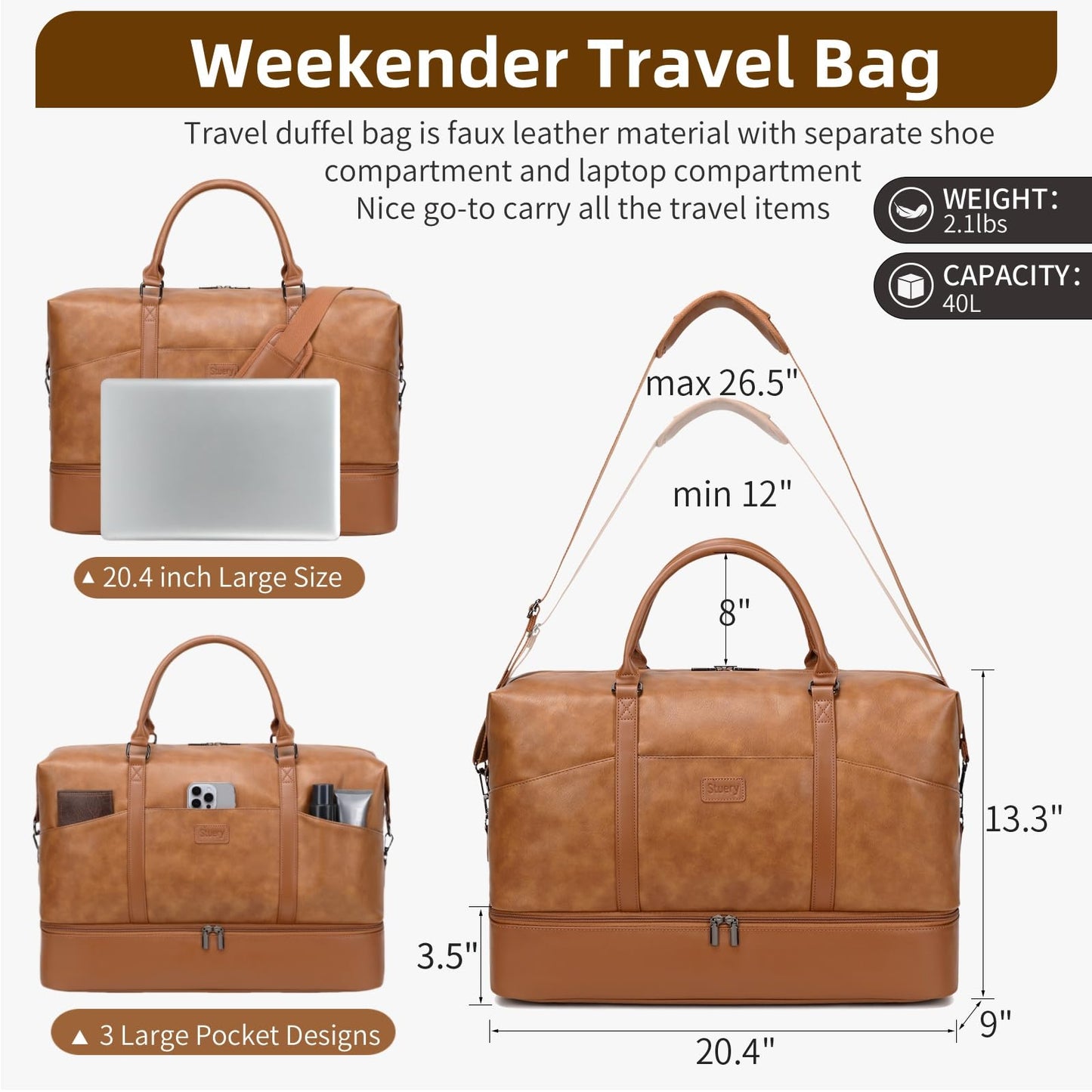 Faux Leather Weekender Bags for Women: Large Overnight Bags Travel Duffel Carry On Weekend Tote with Shoe & Laptop Compartment for Airplane Traveling Gym, Brown