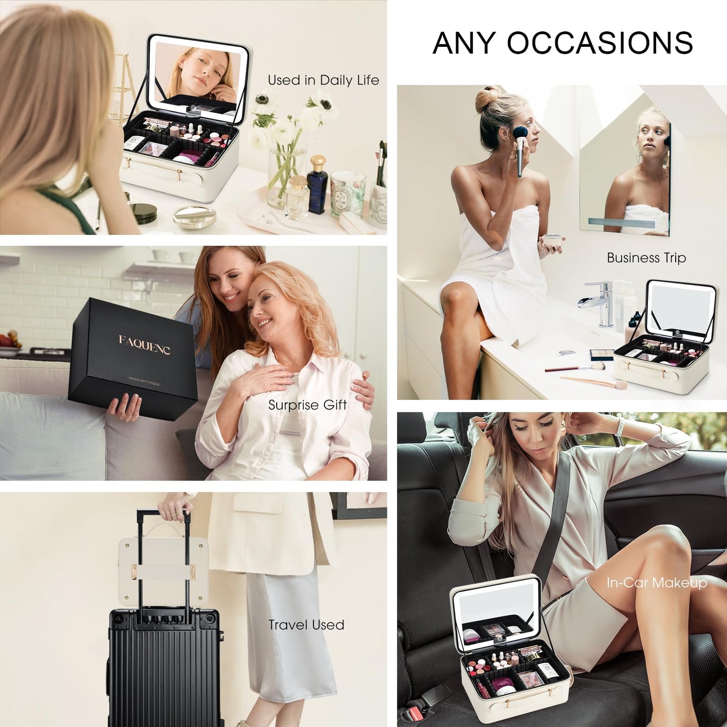 Faquenc Leather Makeup Case with LED Lighted Mirror 11.4 Inch Travel Makeup Bag Adjustable Brightness in 3 Colors Cosmetic Organizer Artist Storage Bag with Dividers Brush Holder Bag Vanity White