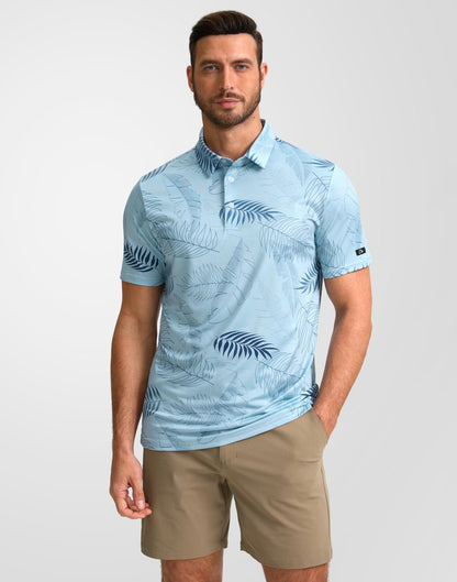Obla Mens Golf Polo Shirts Short Sleeve Dry Fit Performance Moisture Wicking Casual Print Collared Golf Shirts for Men (Blue Palm Leaves) L