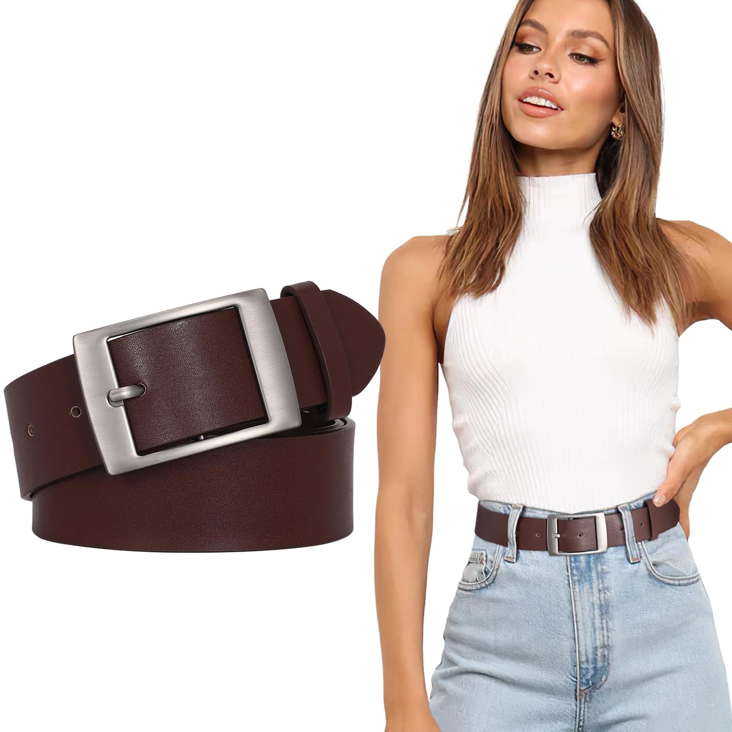 SUOSDEY Fashion Womens Faux Leather Belts with Pin Buckle Waist Belt for Jeans Pants,coffee,1.5'' width,Medium: fits waist from 31''-37''