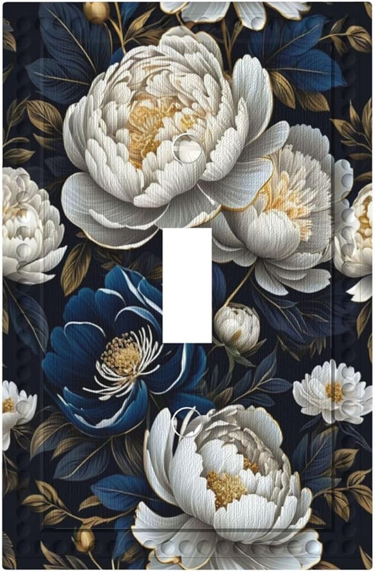 White Gold Blue Flower Light Switch Covers 1 Gang Single Toggle Wall Plate Decorative Switchcover Electrical Switchplate for Country Living Decor