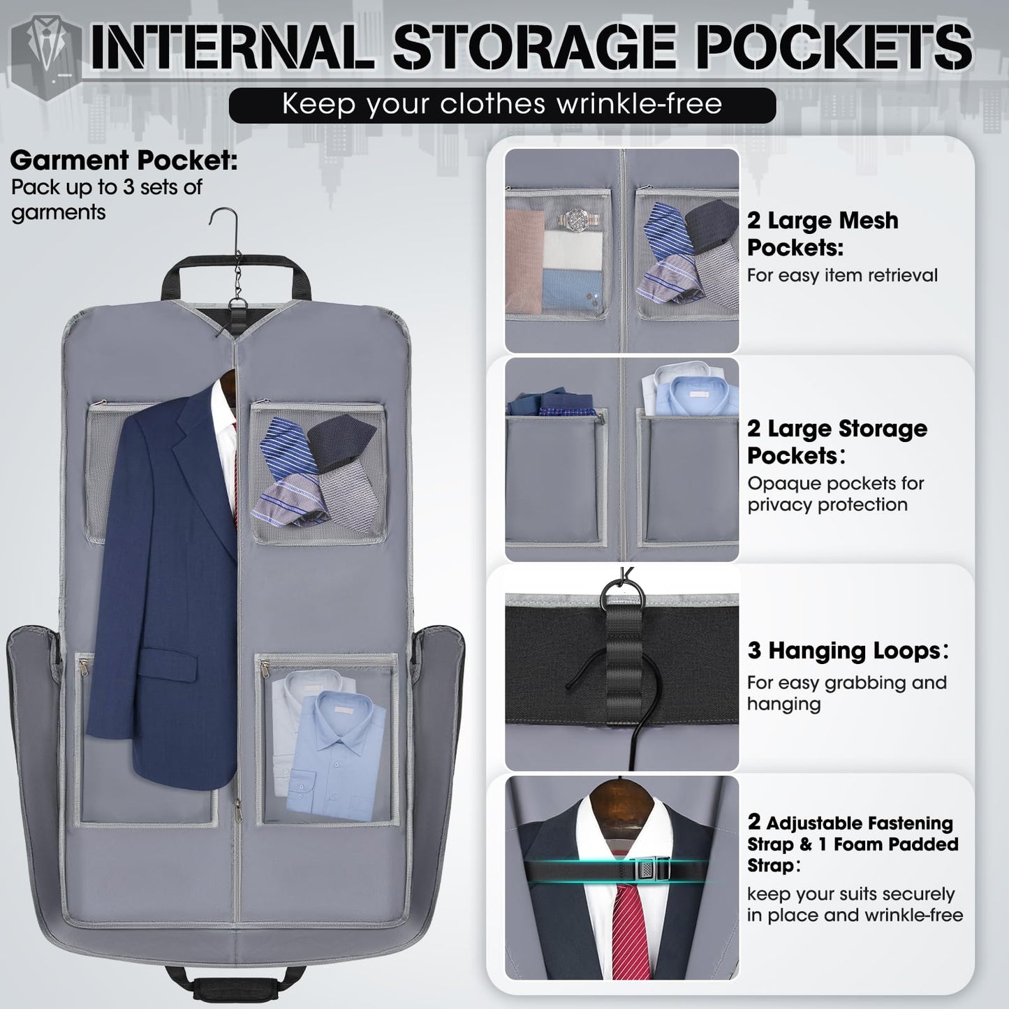 RAINSMORE Garment Bags for Travel Carry On Garment Bag for Hanging Clothes, Suit Bag for Business Trips with Shoes bag & Shoulder Strap, Waterproof Foldable Suit Luggage Bag for Men Women, Black