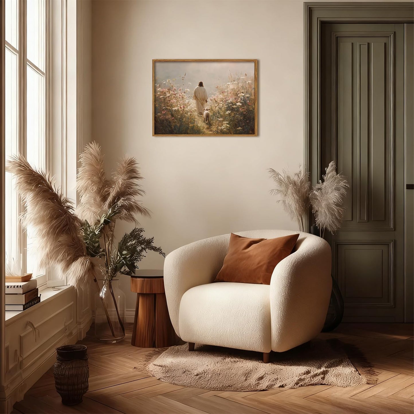 Jesus Leaves the 99 Sheep Wall Art, Christian Jesus and Lamb Pictures Wall Decor Paintings, The Lost Sheep Canvas Prints Religious Home Decor Living Room Bedroom Church Wood Framed 12x16 inch