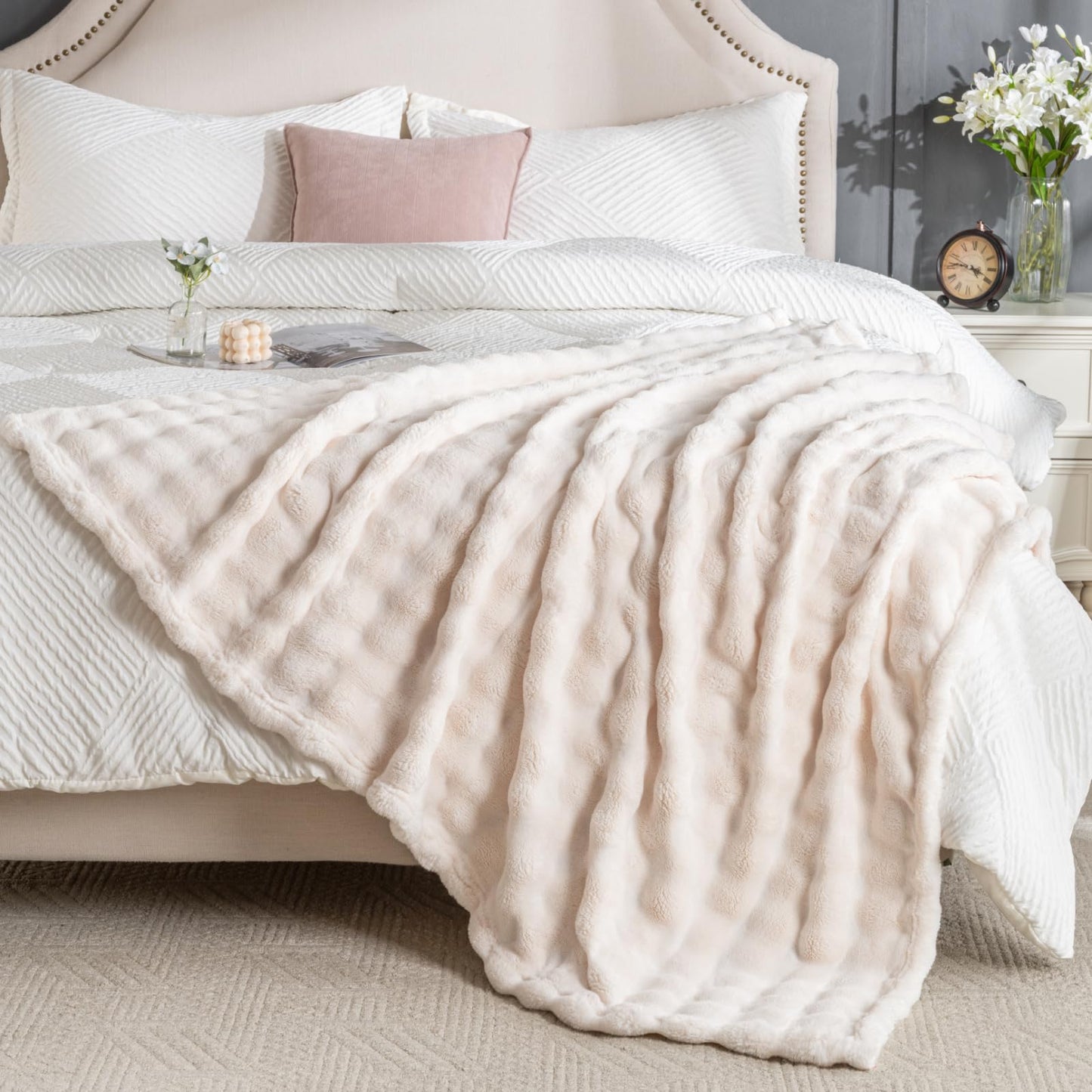 Off White Faux Fur Throw Blanket for Couch, Soft Fluffy Bubble Blanket for Bed Sofa, Thick Warm Plush Fuzzy Rabbit Fur Blanket for Fall and Winter, 50"X 60"