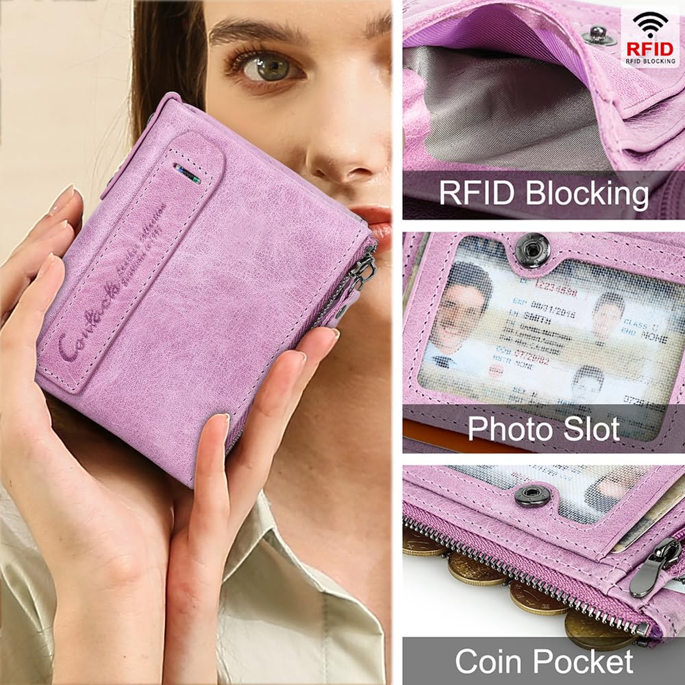 CONTACTS Soft Leather Wallet for Women Small Bifold Coin Purse Double Zipper Card Holder with RFID Blocking (Pinkish Purple)