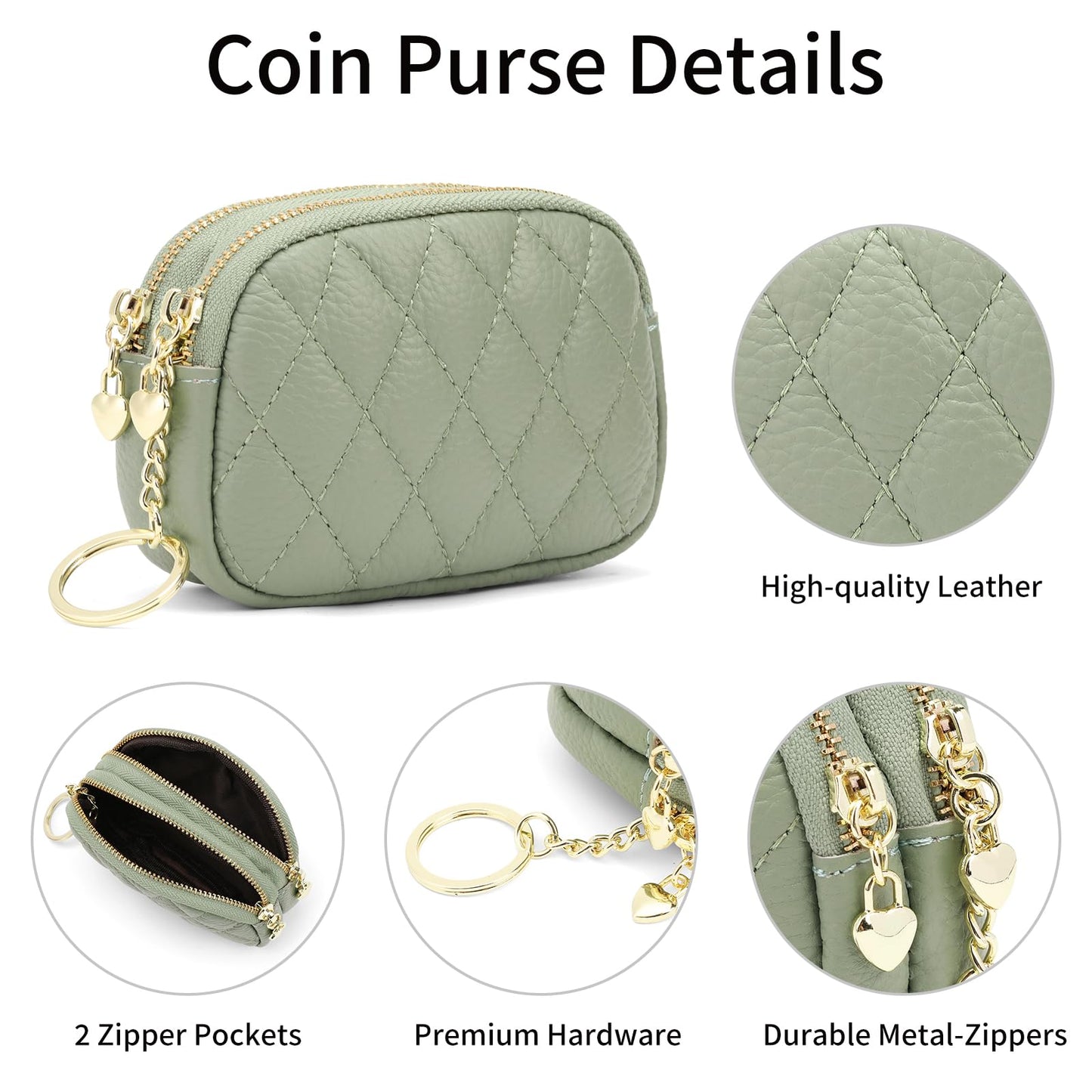 SENDEFN Women's Coin Purse Genuine Leather Wallet Small 2 Zippers Change Pouch Purse with Keychain Ring