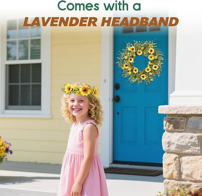 24" Sunflower Wreath for Front Door - Artificial Floral Lush Summer Wreath with Adjustable Headband & DIY Decor for Wall, Home, Wedding, Party, Christmas (Yellow)