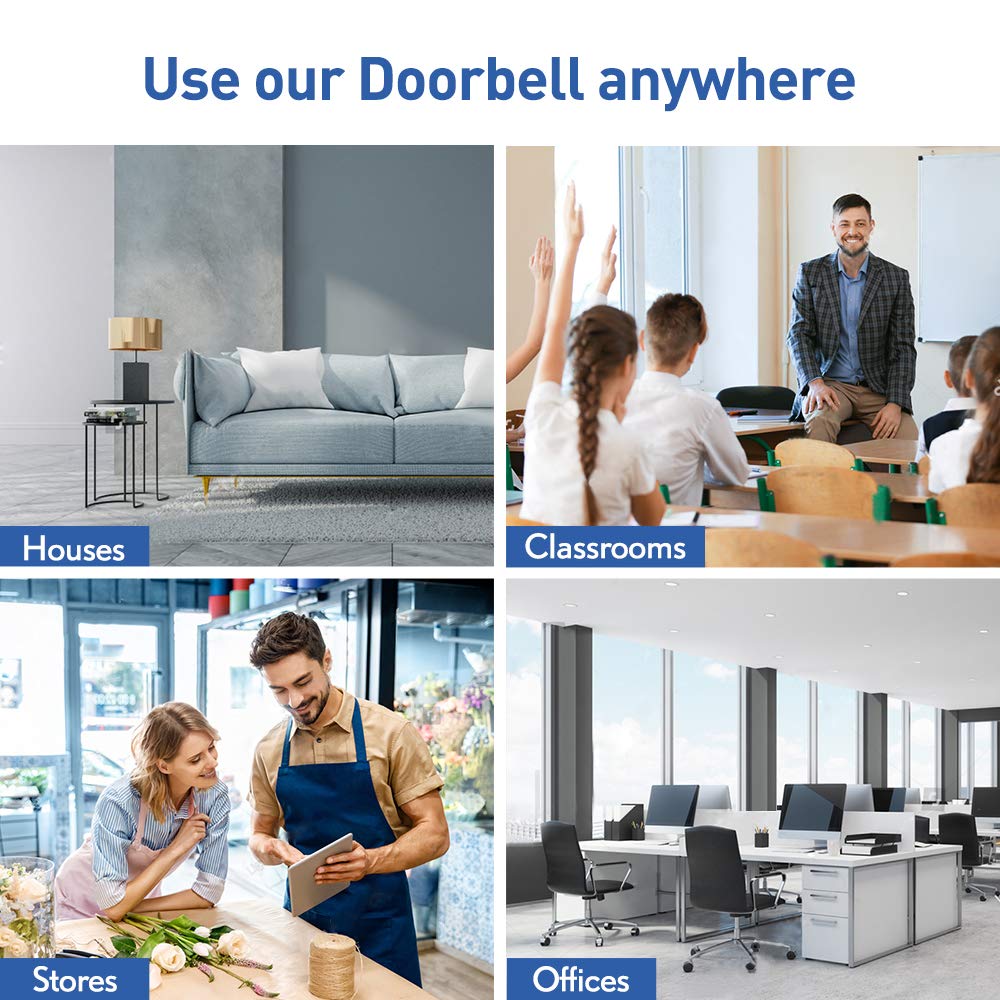 Wireless Doorbell, SECRUI Door bell Over 1000ft Coverage with 2 Plug-In Receivers, 1 Waterproof Push button, 52 Chimes, 110dB loud Sound Colorful LED Flash