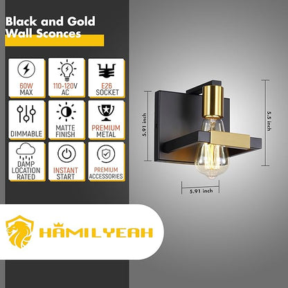 Hamilyeah Black Wall Sconces, Industrial Sconces Wall Lighting Fixtures Matte Black and Gold, Indoor Hardwired Wall Sconces for Bathroom Bedroom Living Room Kitchen Set of Two UL Listed