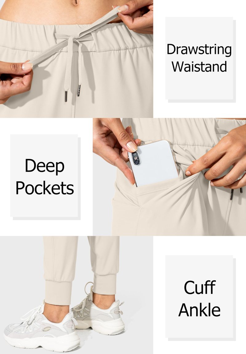 SANTINY Joggers for Women Lightweight Running Drawstring Sweatpants Workout Travel Yoga Athletic Womens Lounge Pants with Pockets(Beige_XL)