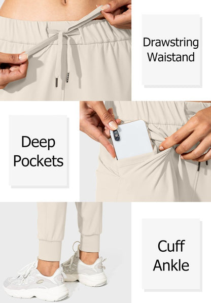 SANTINY Joggers for Women Lightweight Running Drawstring Sweatpants Workout Travel Yoga Athletic Womens Lounge Pants with Pockets(Beige_L)