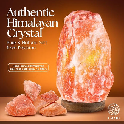 UMAID Himalayan Salt Lamp 8-10 inch (7-11 lb) with Dimmable Switch and Night Light Bulb on Handcrafted Wooden Base, Natural Pink Rock Salt Lamp