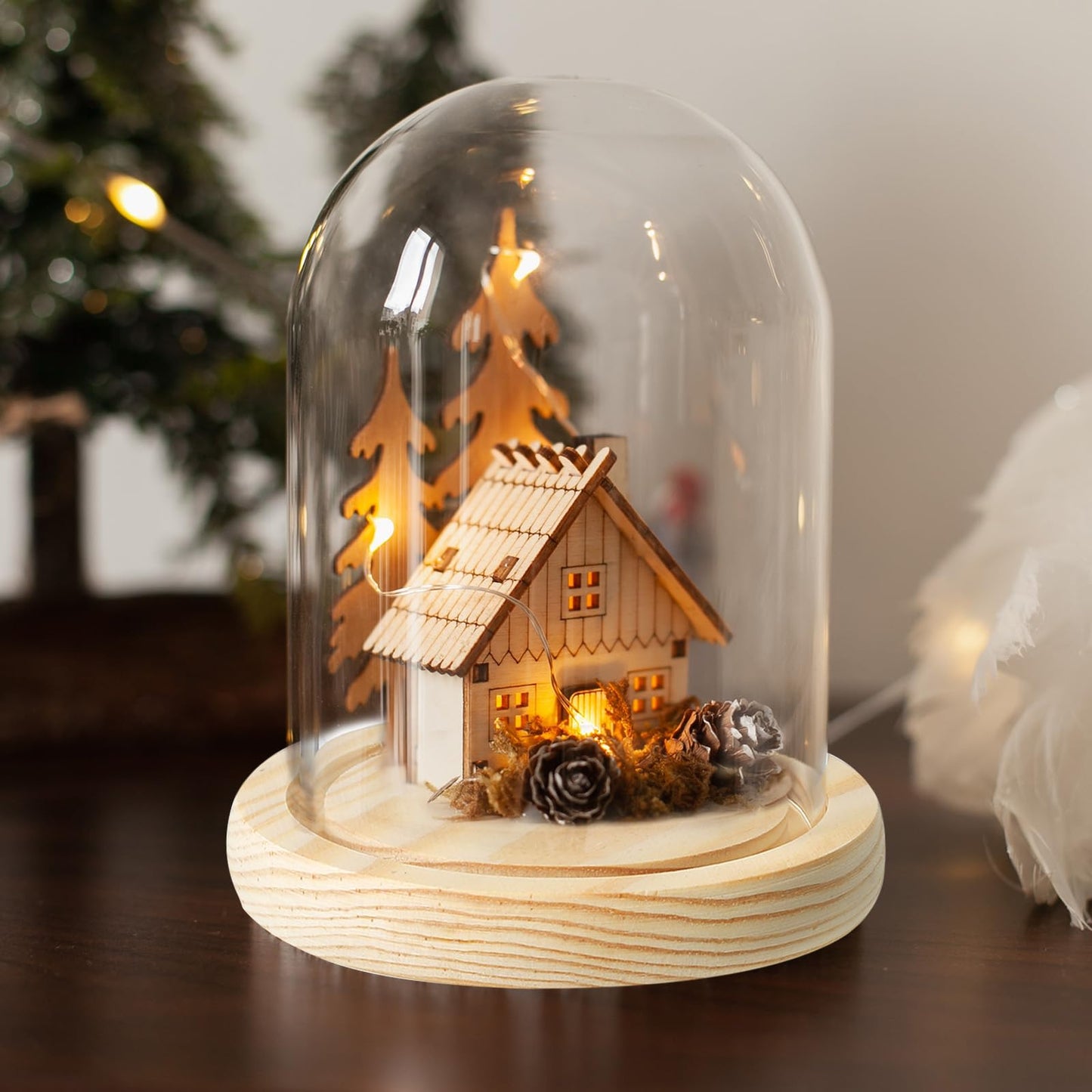 PATIKIL 3.9"x3.1" Clear Cloche Glass Dome, Glass Bell Jar Display Case Tabletop Centerpiece with Wooden Base for Plants Home Decor