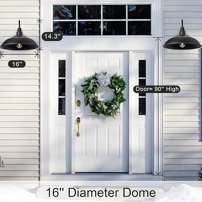 16 Inch Gooseneck Light Fixture for Barn Door, 2 Pack Large Barn Lights for Front Porch, Black Outdoor Farmhouse Light with Goose Neck Arm, Exterior Wall Dome Lighting for House Garage
