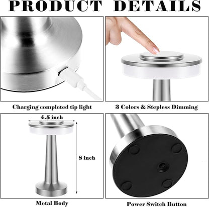 VIHOSE 8 Pcs 8 Pcs Cordless Table Lamps LED Portable Rechargeable Table Lamp with Touch Sensor 3 Color Dimming up to 15 Hours Battery Desk Light for Restaurant Nursery Living Room (Silver)