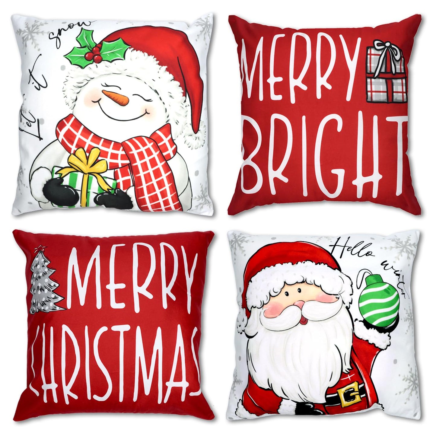 RidaaFri Christmas Pillow Covers 18x18 Inch Set of 4 Merry Christmas Red Throw Pillow Cases Winter Holiday Cushion Case Snowman Santa Claus Xmas Decorations for Home