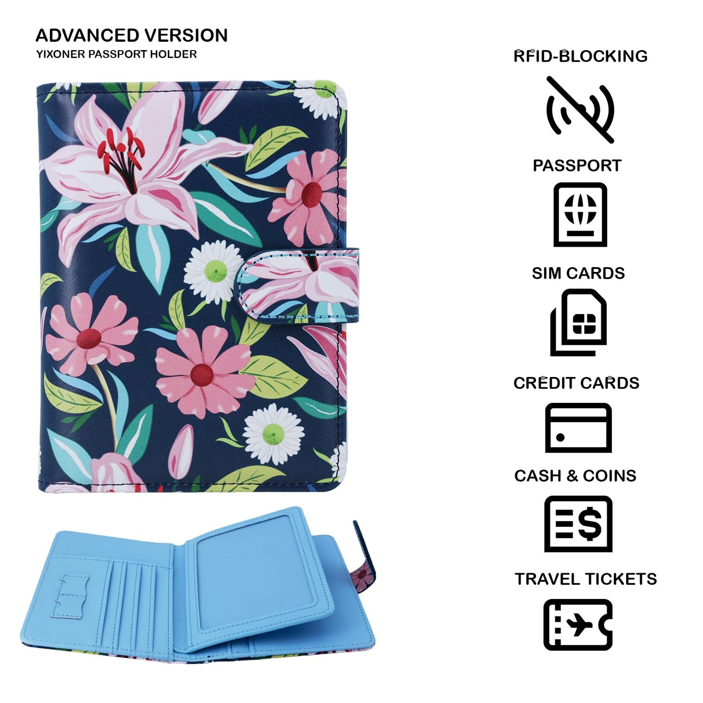 YIXONER Passport Holder For Travel, RFID Blocking Passport Wallet, Passport Cover Secure & Front Pocket Money Holder For Men & Women, Travel Wallet, Lily With Daisy, Advanced Version