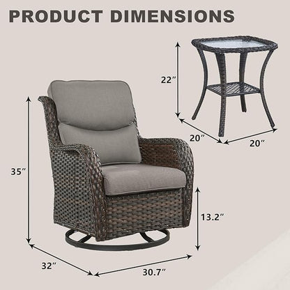 Rilyson Wicker Rocking Chair Swivel Chairs - 3 Piece Rocker Patio Furniture Set Rattan Rocking Bistro Sets with Glass Top Side Table for Outdoor Porch Deck Garden Backyard (Brown/Grey/Smile)