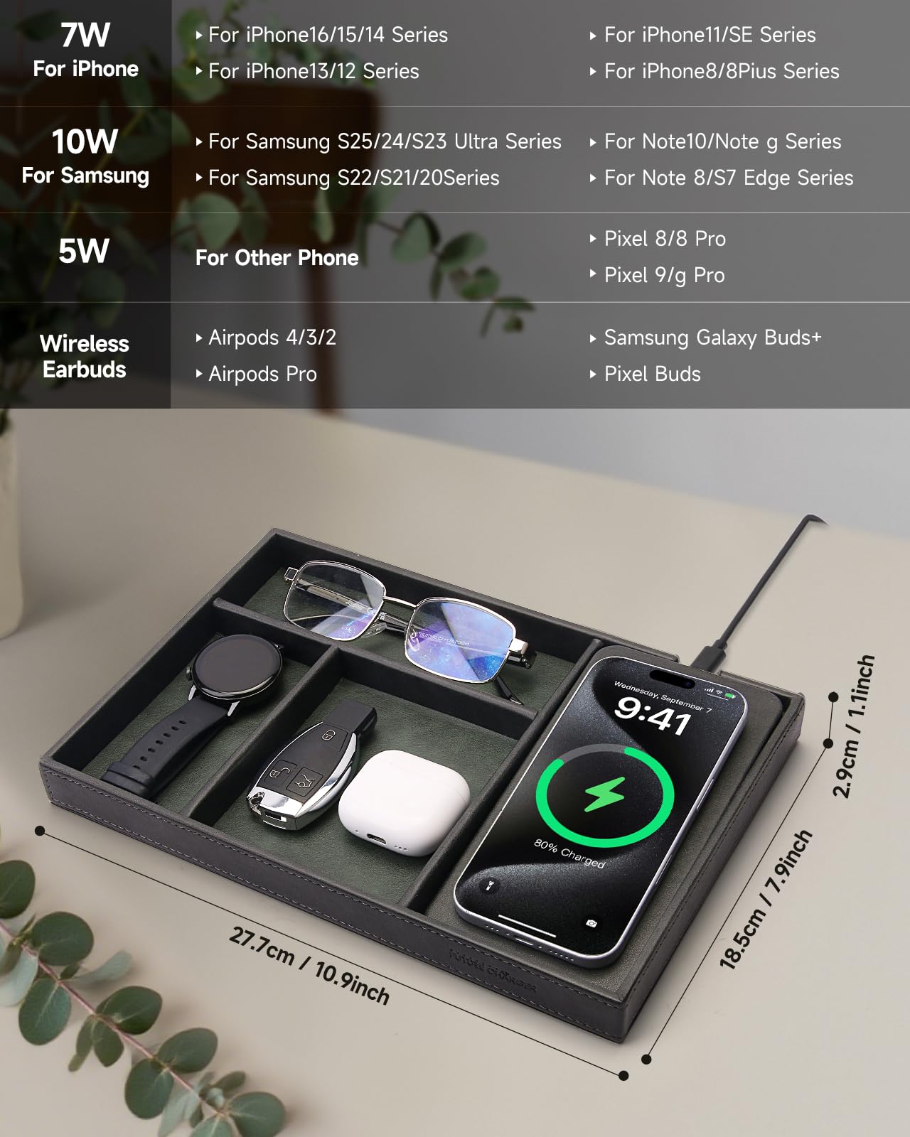Valet Tray, Built in Wireless Charging Pad, Nightstand Organizer, Two-Toned Premium Vegan Leather Desk Bedside Caddy Organizer Tray for Keys, Watch, Wallet, Jewelry (Black+Green)