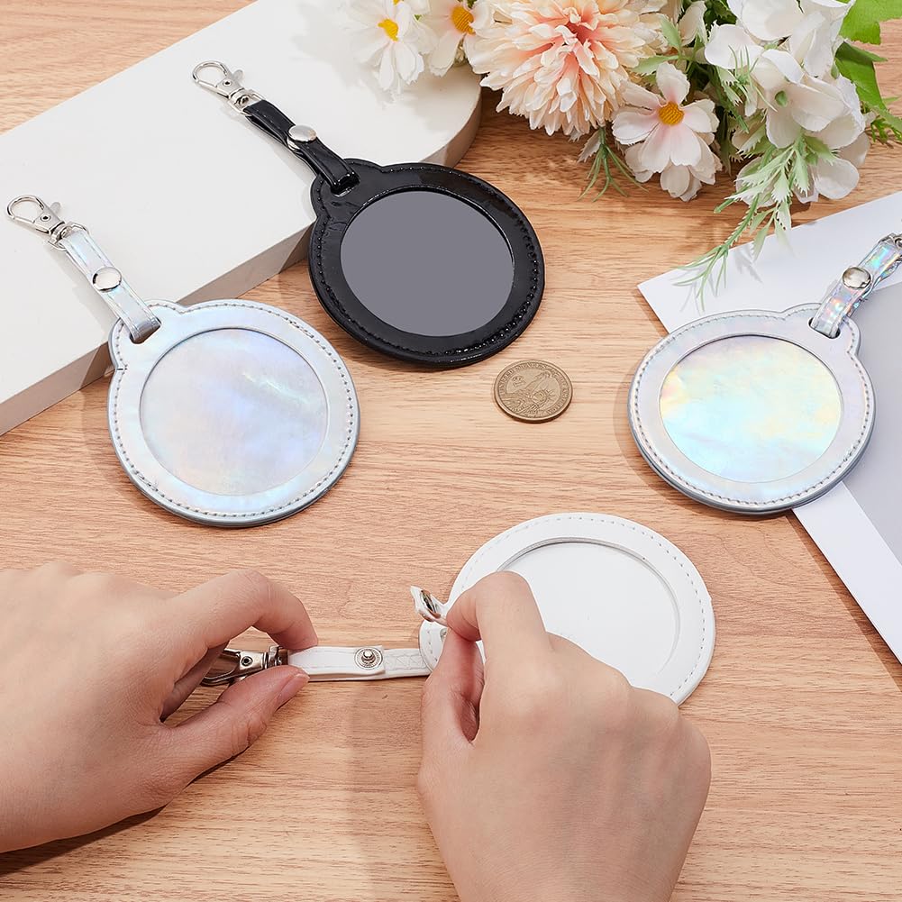 CALFOVERA 4 Colors PU Leather Bag Badge Holder Portable Clear Button Display Case Keychain with Clip Round Badge Protector Carabiner Waterproof Backpack Pendant Cover Keyring for Animation Peripheral
