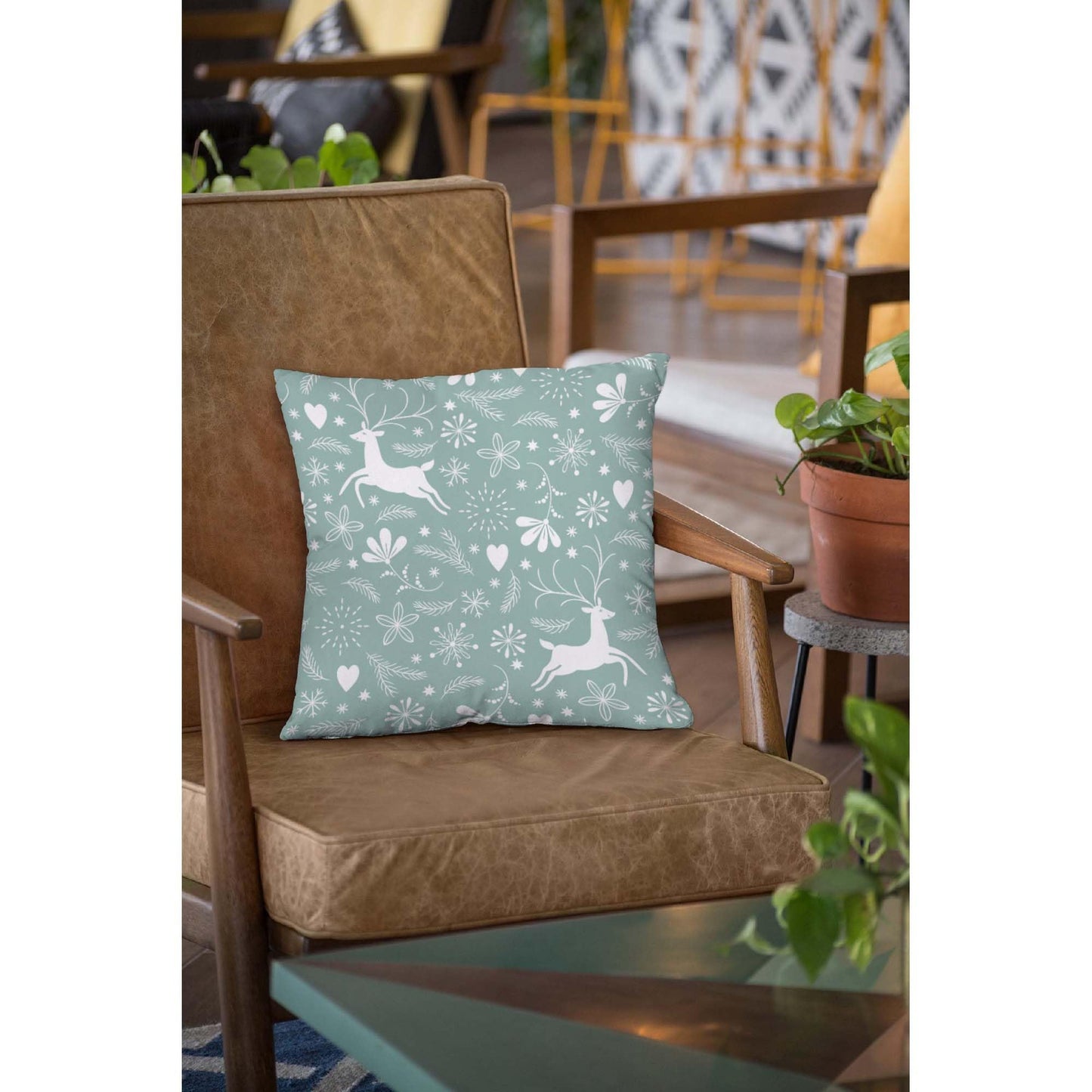 Jiaopenyou Throw Pillow Cover 20x20 Inch,Happy Christmas Tree Antlers Winter Snowflakes Throw Pillow Case,Home Decor Cushion Covers for Sofa Living Room Couch Bed