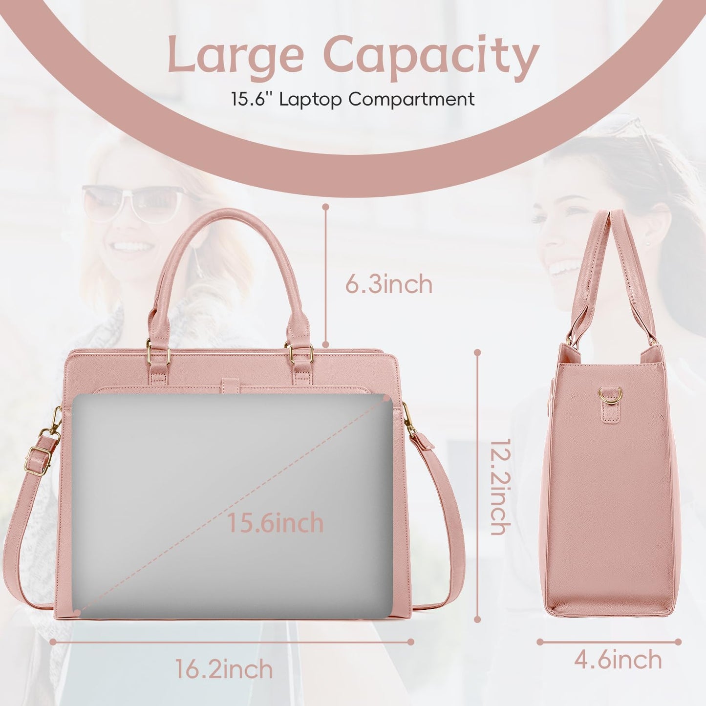 GMAK Laptop Tote Bag for Women, 15.6 Inch Leather Computer Bags Lightweight Business Office Work Briefcase Large Capacity Waterproof Handbag for Daily Commute Travel Work, Pink