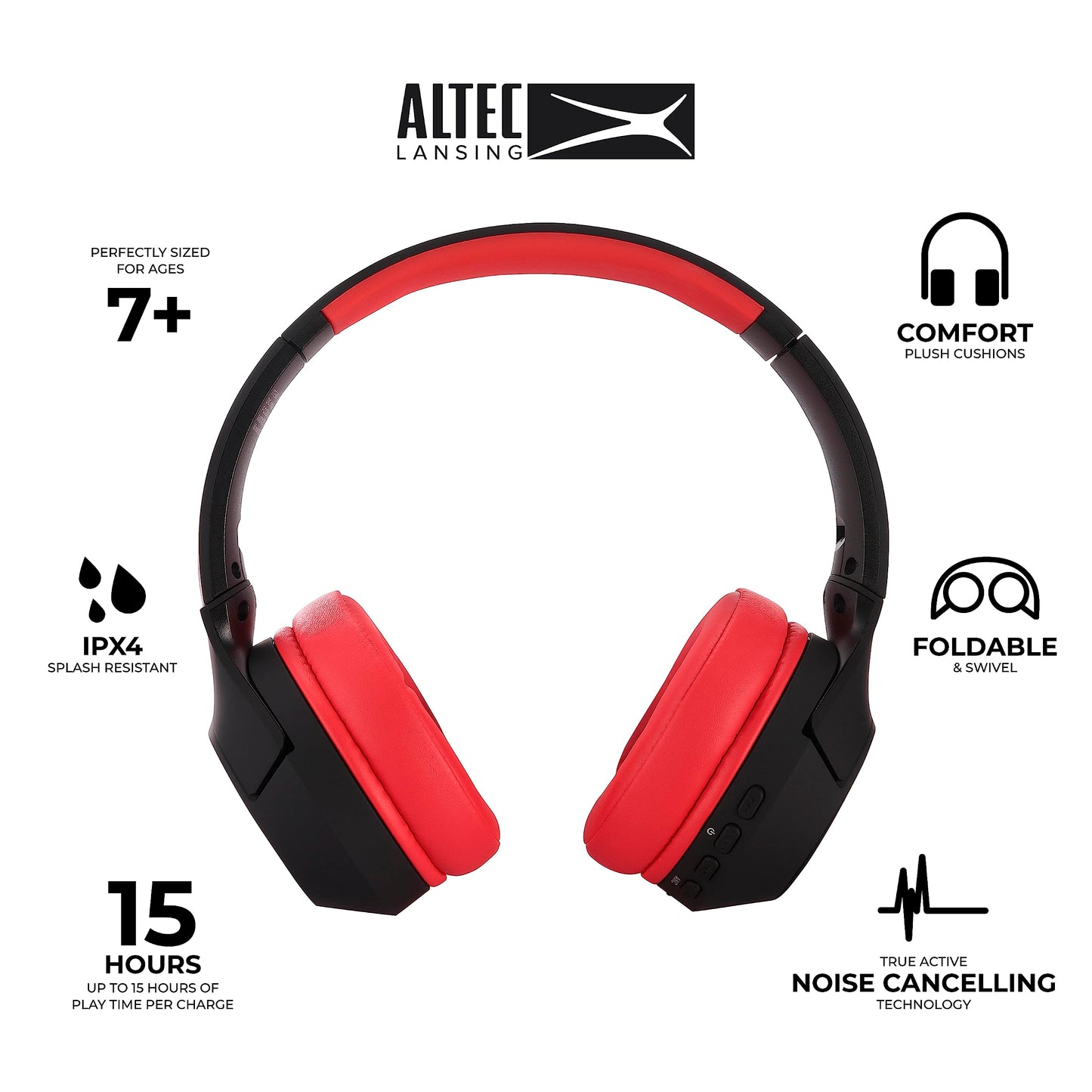 Altec Lansing Kid Safe Noise Cancelling Wireless Headphones 15H Battery, 85dB Volume Limit, Foldable Design Powerful Sound, Active Noise Cancellation Perfect for Kids Ages 7+
