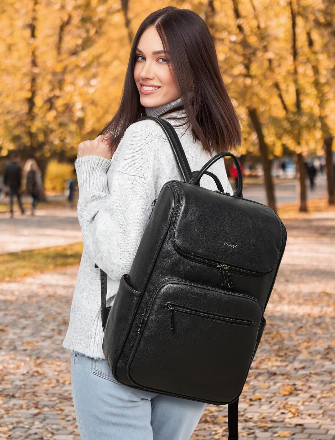 tiamyi leather travel backpack for men and women, flap top laptop backpack fits 17.0 inch computer with luggage strap and separate padded compartment, black