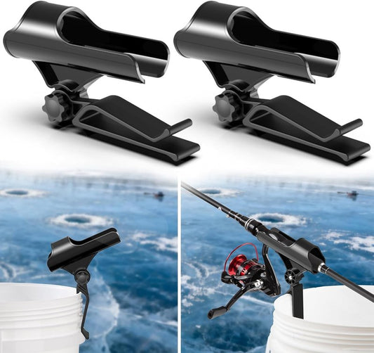 Adjustable Bucket Rod Holder for Ice Fishing - Clip-On Mount, Foldable & Adjustable Angle