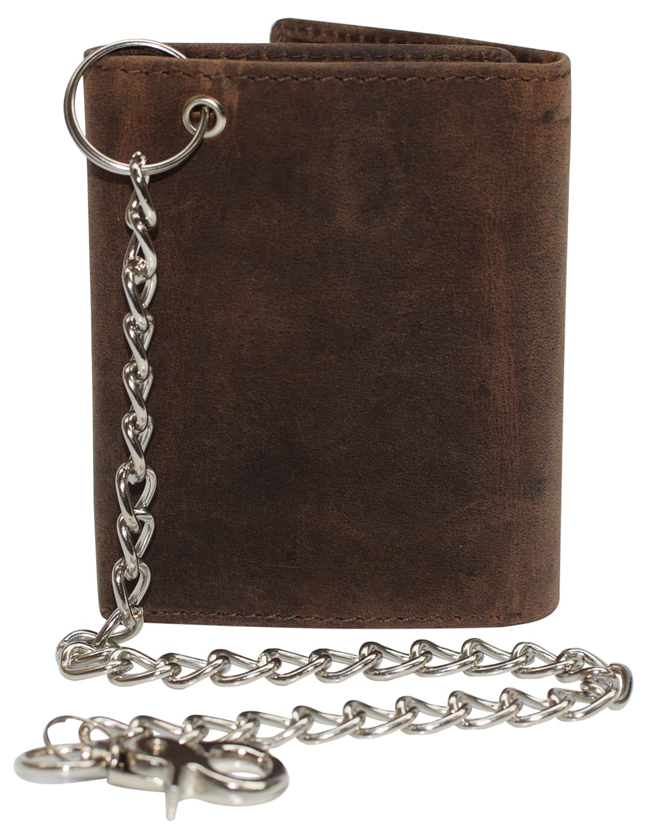 RFID Blocking Mens Chain Biker Vintage Genuine Leather Classic Trifold Wallet (Brown with Chain)