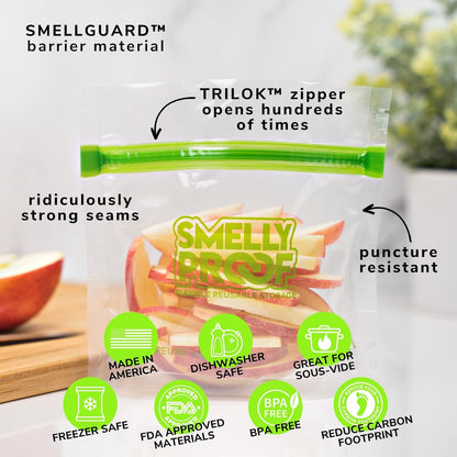 Smelly Proof 10 x Expandable Stand-Up & Fill REUSABLE Storage Bags for Food Designed & Mfg in US, NO PEVA, BPA FREE, Reusable Snack Bags, Dishwasher-Safe, Clear 3 mils STAND & FILL 6" x 4" - 10pk