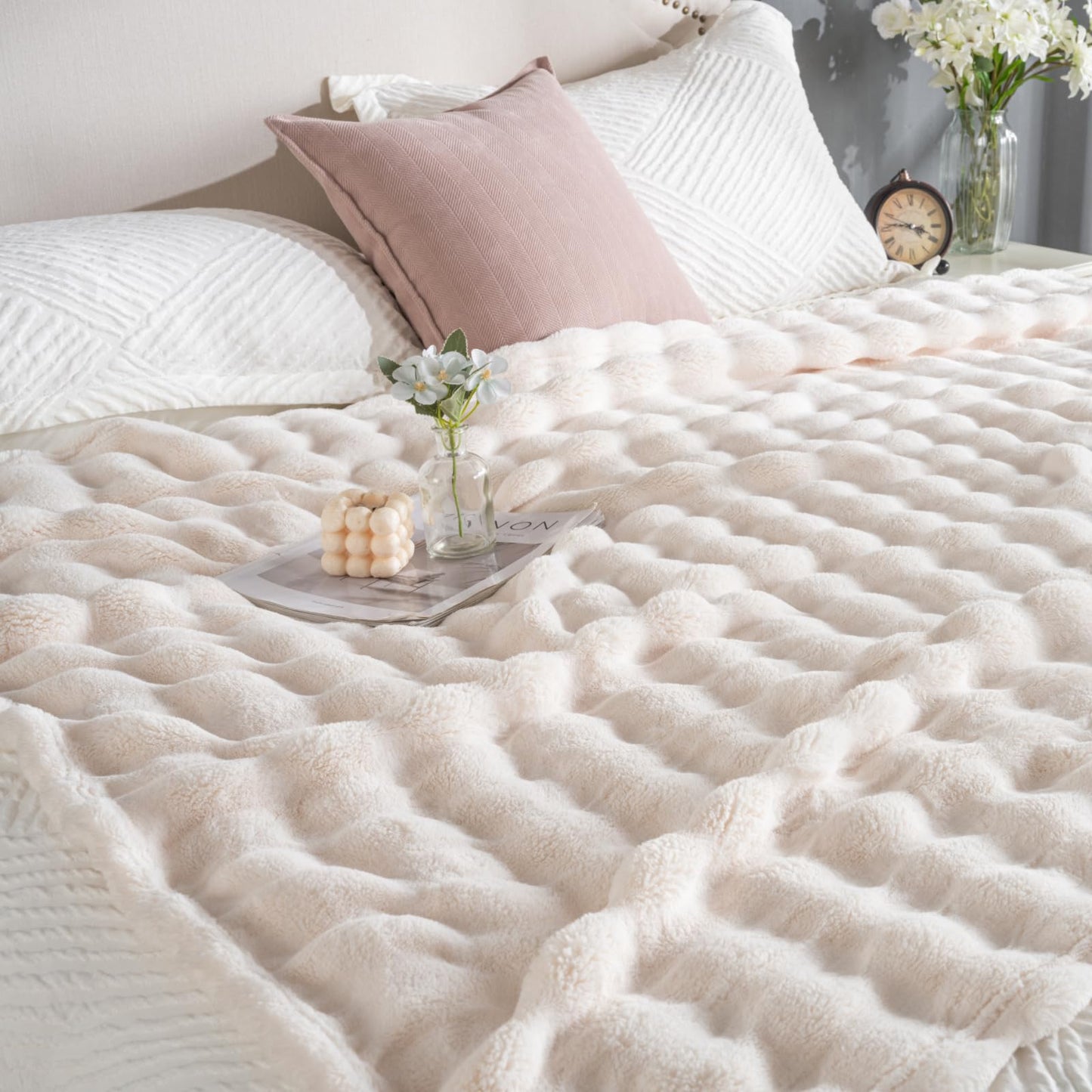 Off White Faux Fur Throw Blanket for Couch, Soft Fluffy Bubble Blanket for Bed Sofa, Thick Warm Plush Fuzzy Rabbit Fur Blanket for Fall and Winter, 50"X 60"