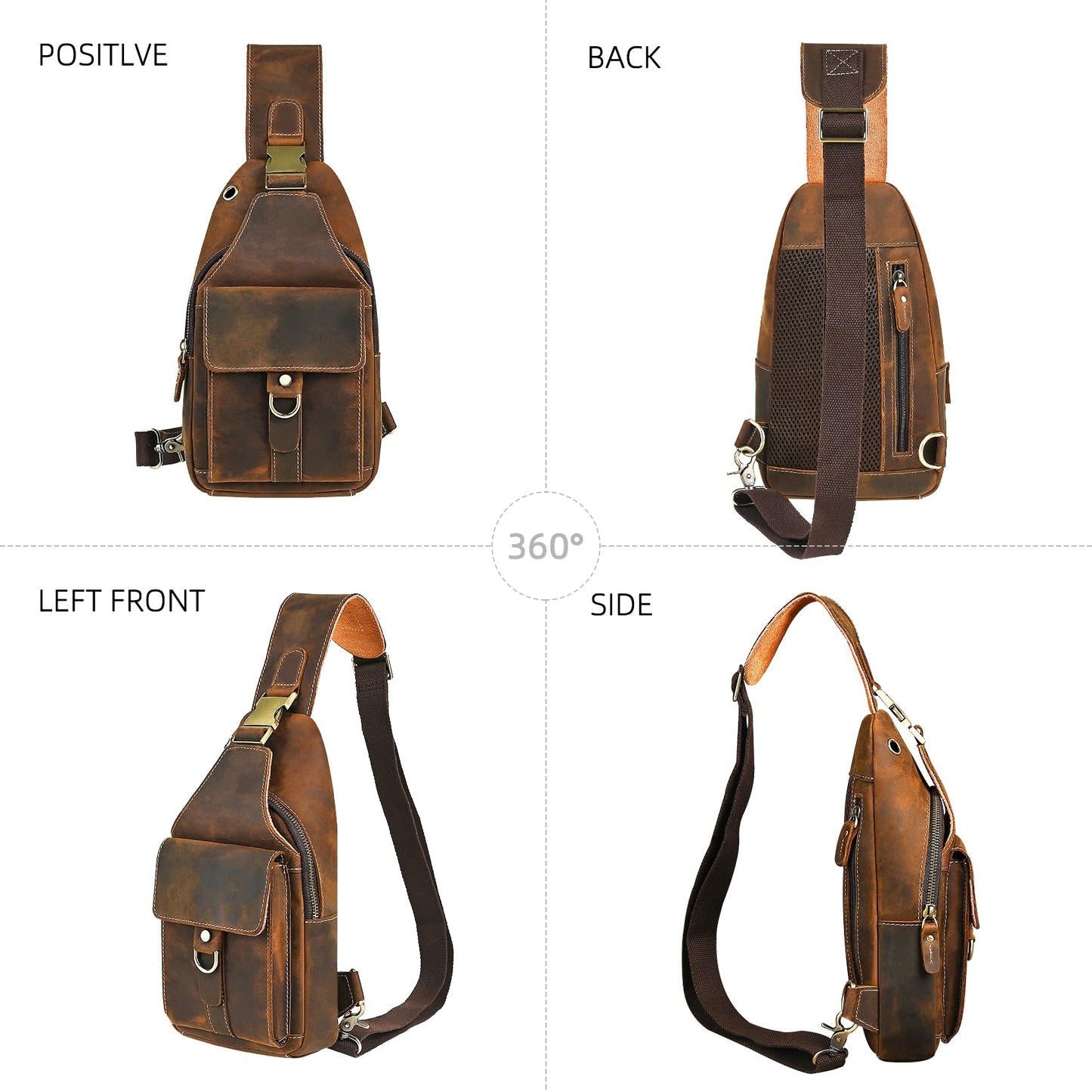 Handadsume Genuine Leather Hiking Travel DayPack Sling Crossbody Triangle Chest Pack Bag For Men Women 8241 (Coffee 258204)