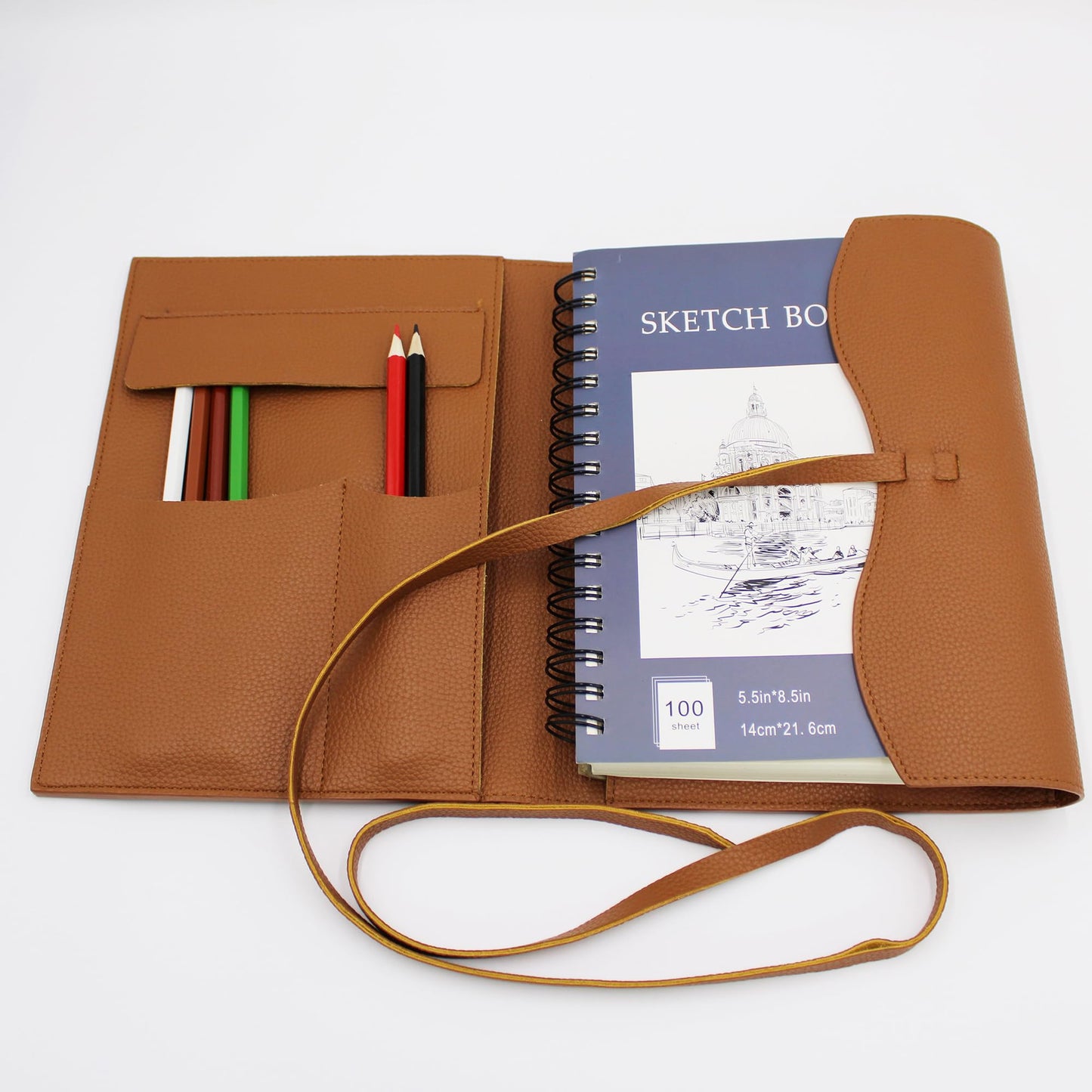 Drawing Book Cover Sketchbook Cover with Pencils Leather Artist Bag Artist Gifts Leather Art Book Cover for Sketchbook Journal Notebook (S for 5.5"x 8.5")