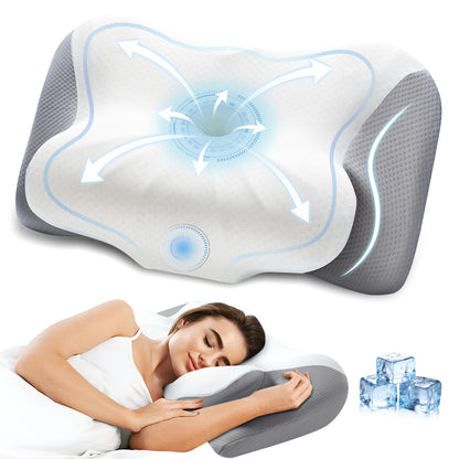 Effective Pain Relief Cervical Neck Pillow for Sleeping, Memory Foam Pillows for Neck Support, Odorless Contour Side Pillow, Ergonomic Bed Pillow for Back Stomach Sleeper (Grey and White)