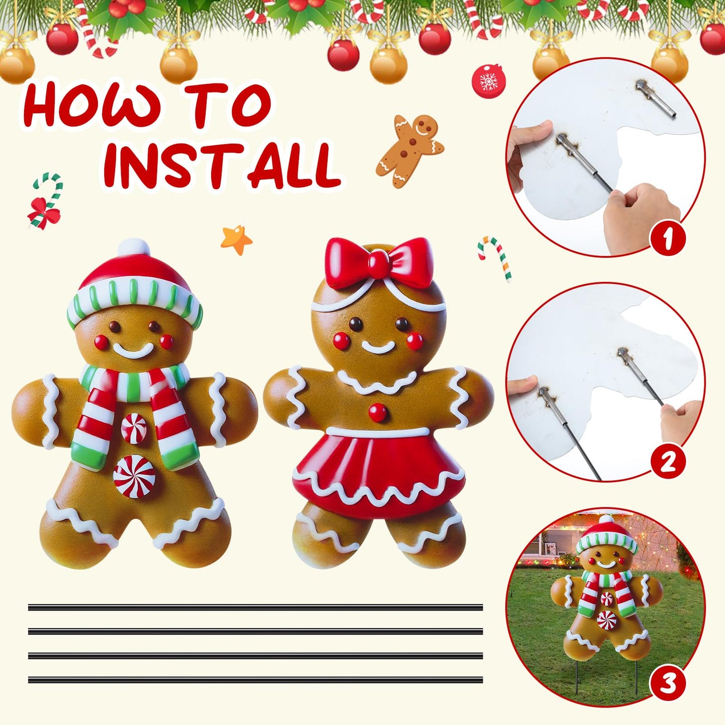 Memorywuu 2 Pack Christmas in July Yard Stakes Metal Stakes 3D Boy and Girl Yard Sign Christmas Outdoor Decorations for Outside Holiday Xmas Winter Ornament Lawn(Classic Gingerbread Man Couple)
