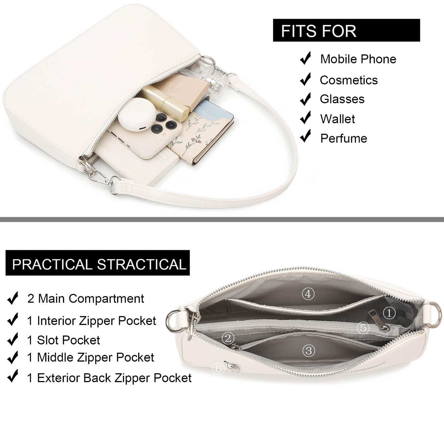 NIUEIMEE ZHOU Small Shoulder bag with 2 Removable Straps Cross Body Clutch Purse Handbag for Women (Style 3-Leather White)