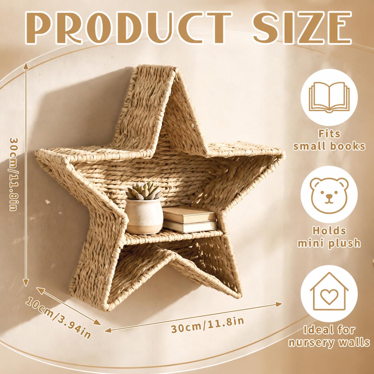 Domensi Handwoven Wall Shelf Decor Wicker Nursery Hanging Organizer Basket Shelves Natural Rattan Storage Basket for Small Books Bookshelf Bathroom Living Room Bedroom Corner(Star Shape)