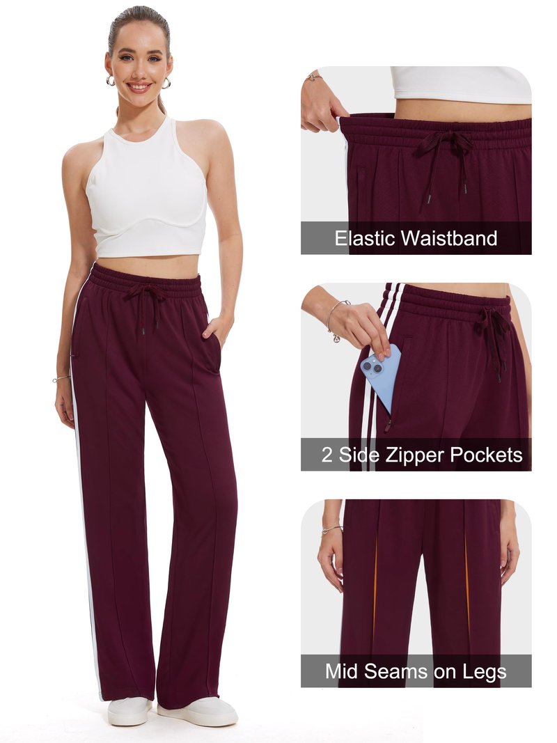 Tapata Extra Tall Woman 36" Inseam Stripes Sweat Pant High Waisted Drawstring Gym Exercise Lounge Joggers, Burgundy, S