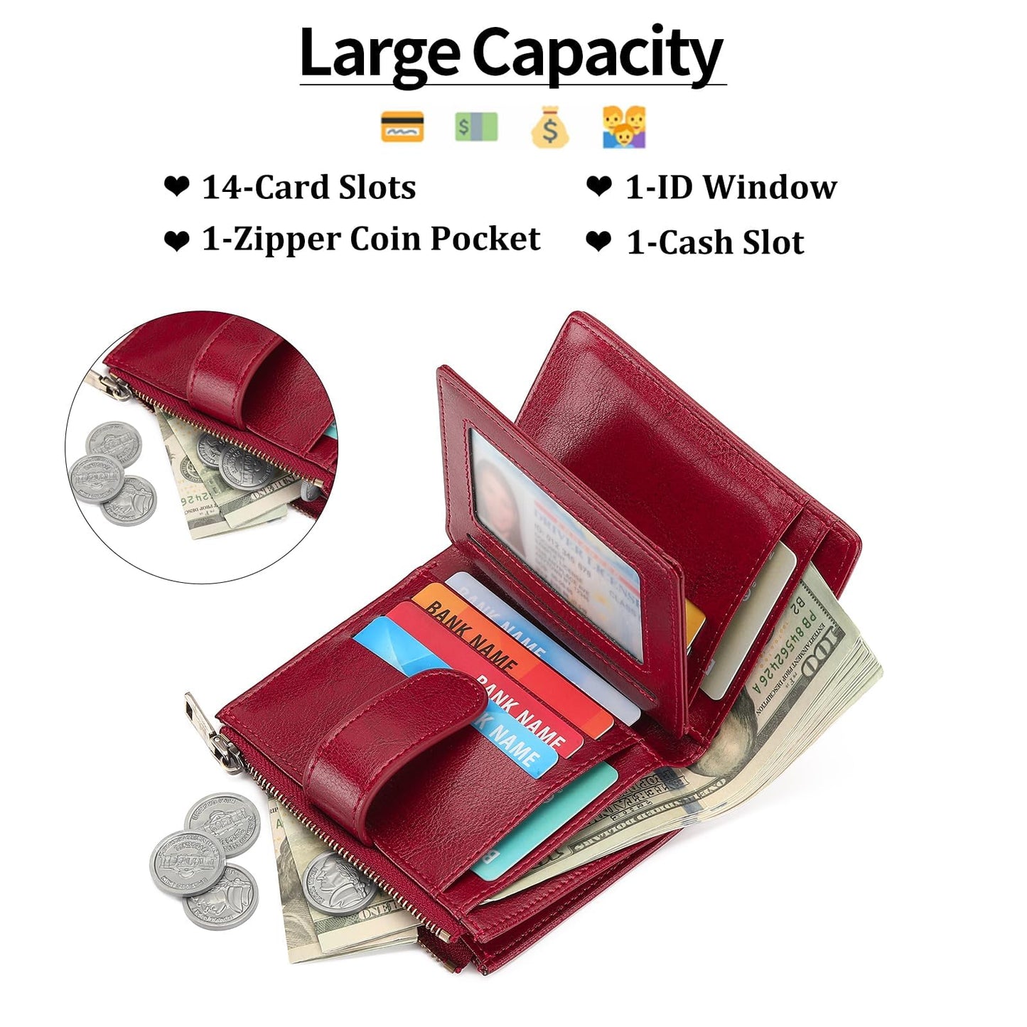 GAEKEAO Womens Wallet Small Vegan Leather RFID Blocking Bifold Zipper Pocket Wallet Card Case Purse with ID Window