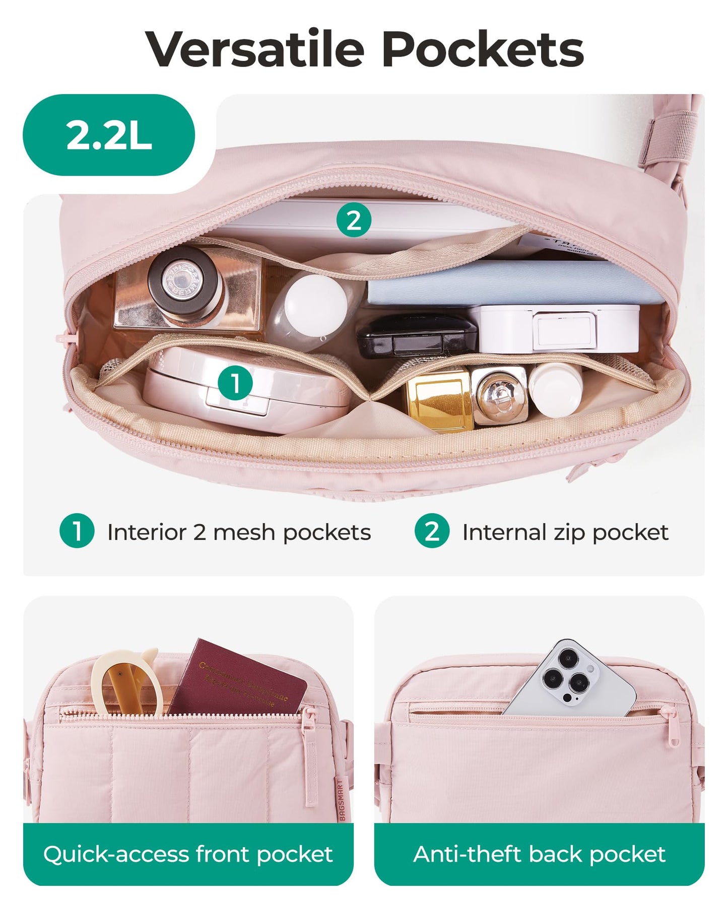 BAGSMART Fanny Packs for Women Cross Body, Quilted Puffy Belt Bag with Pockets, Fashion Waist Packs for Traveling Hiking Black