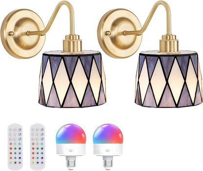 Vintage Battery Operated Wall Sconce Set of 2, 5000mAh Rechargeable Wall Lamp 12 RGB Colors Dimmable, Gold Lights Fixture for Bedroom Bathroom Living Room Hallway Twilight Blue Checker