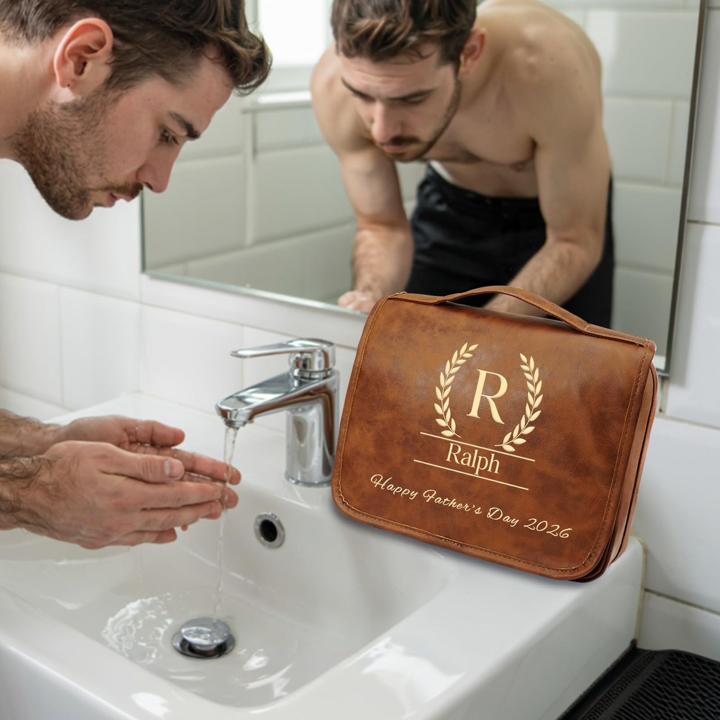 Large Personalized Leather Toiletry Bag for Men, Father Day Gift for Dad, Anniversary Birthday Gift for Male, Engraved Travel Shaving Bag, Custom Gifts for Him, Boyfriend, Husband, Grandpa, Friend