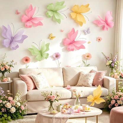 3D Hanging Butterfly Decorations Butterfly Party Decorations 4PCS Pastel Large Paper Butterfly Decorations for Girls Women Wedding Backdrop Birthday Flower Garden Party Decor